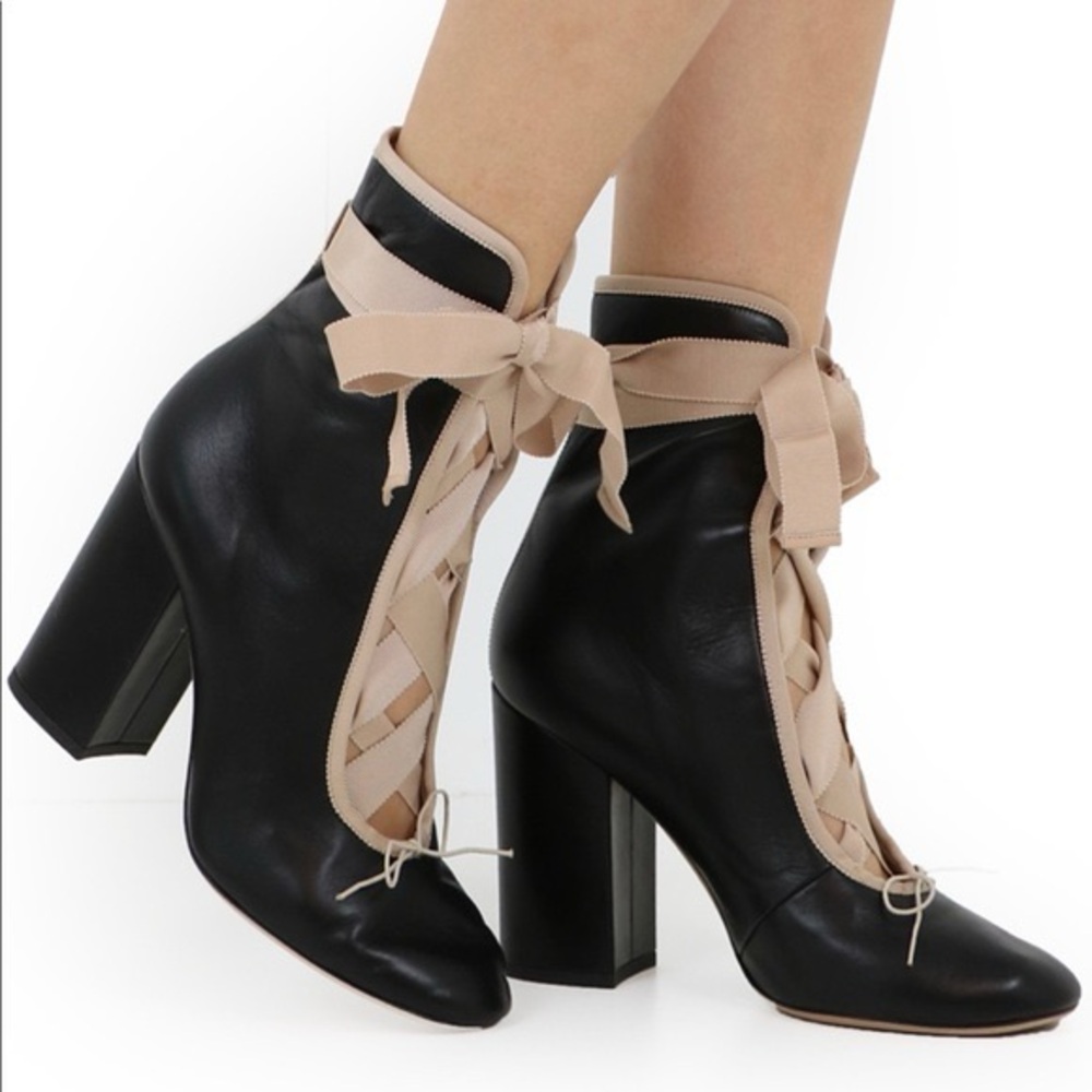 Valentino Black and Beige Leather Lace-Up Ankle Boots
